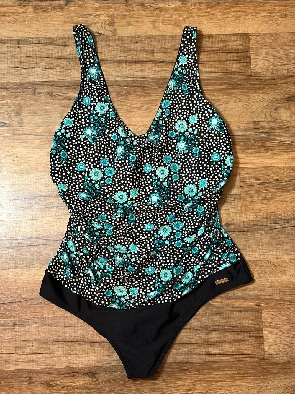Lascana Black One-Piece Swimsuit Teal Floral Print Support Sz 16 beach pool vaca
